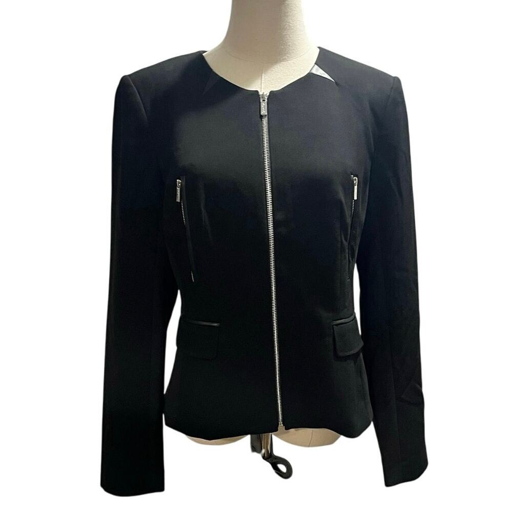 Calvin‎ Klein Collarless Faux Leather Full Silver Zip Black Short Blazer Sz 10